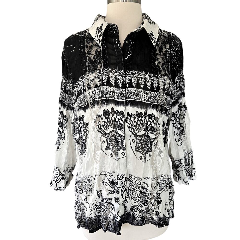 Vintage Black and White Boho Whimsy Art to Wear Crinkle Top Size XL